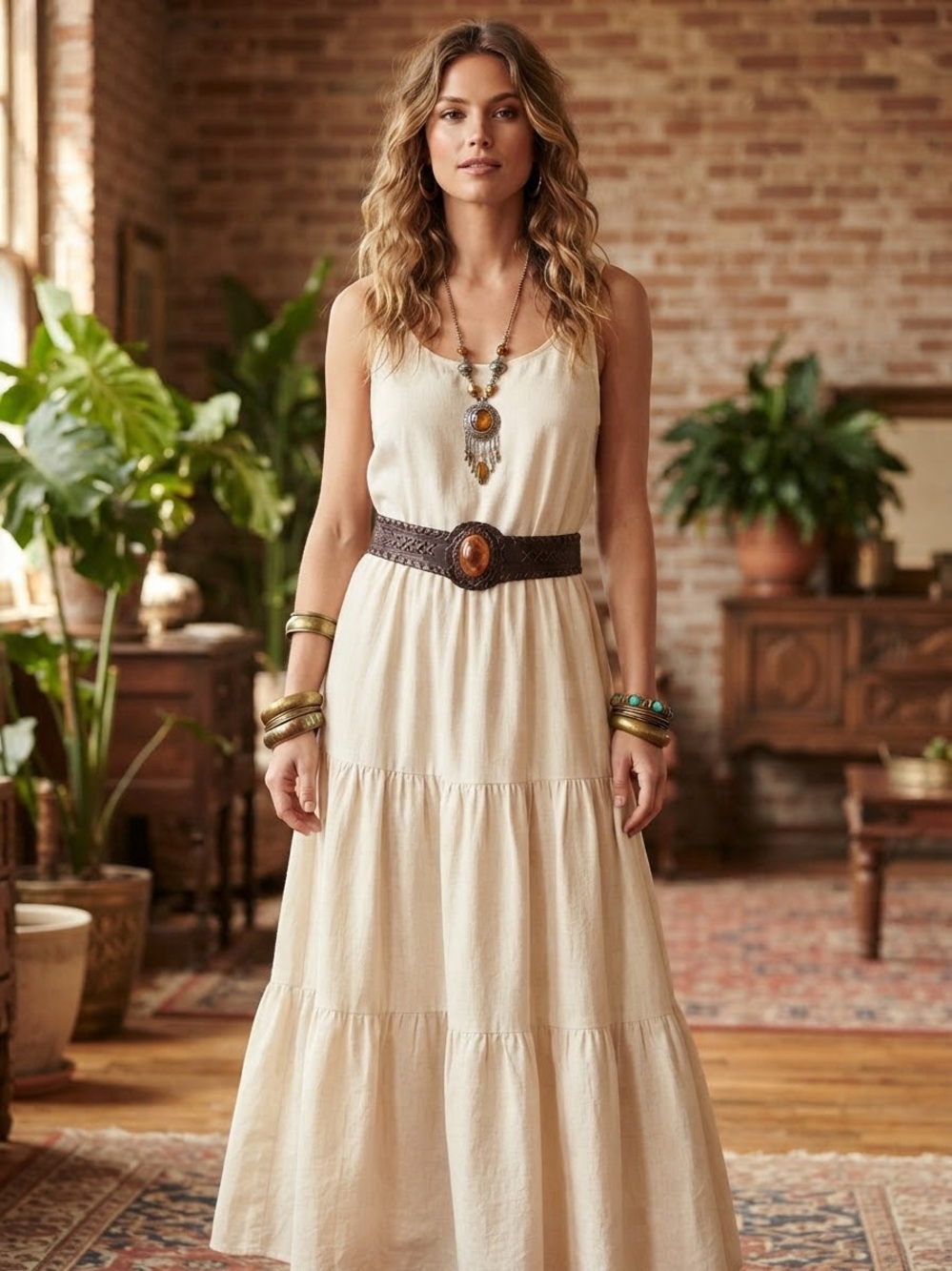Chico's Cream Tiered Maxi Dress with Brown Waist Belt